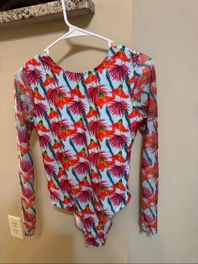 Long-Sleeve Floral One-Piece Swimsuit - Pink & Teal Accents